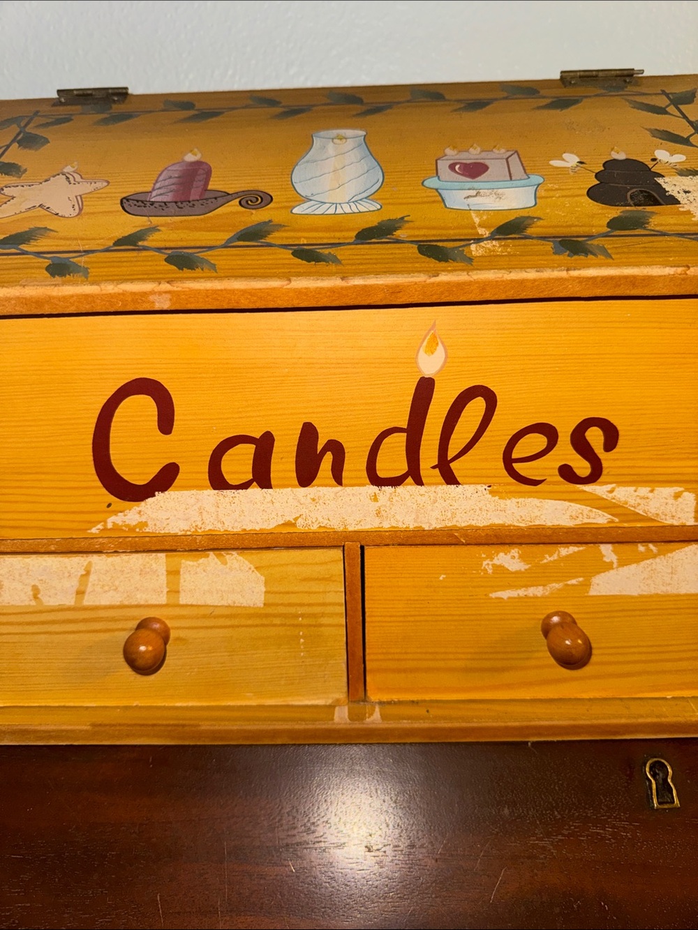 Hand-Painted Candle Wooden Storage Box Farmhouse Country Folk-Art - Picture 3 of 8